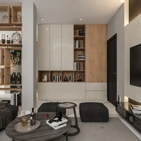 Render — a living room with an open wood-and-glass display shelf column, a cream and oak wall cabinet, and a floating TV console over terrazzo-look flooring.