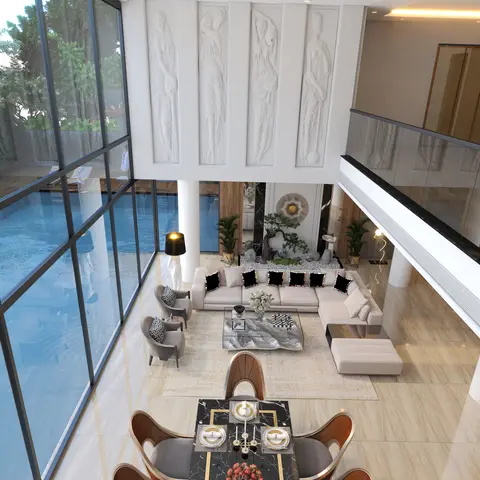 Render looking down from the mezzanine of a double-height villa hall: four carved figure reliefs on the upper wall