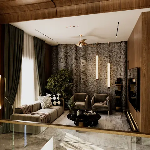 Render looking down over a glass balustrade into a sunken lounge - olive velvet sofa and two armchairs around a black marble coffee table