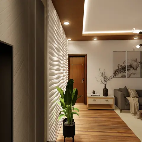 Render looking down the length of a living space past a white 3D wave-panel wall and a potted bird-of-paradise, to a grey sofa