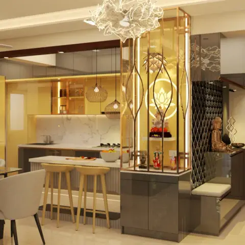 Render looking from the main door across a brass-framed glass pooja unit with a backlit lotus