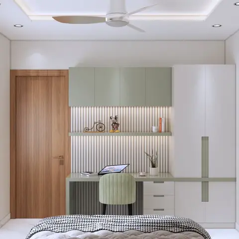 Render looking over the foot of a houndstooth-covered bed at a sage-green study run with four overhead lofts