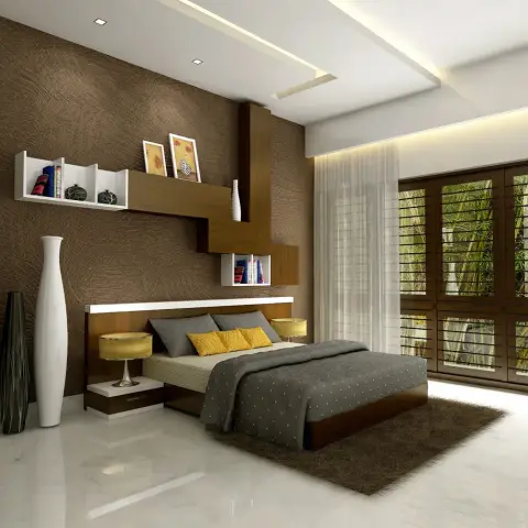Render of a bedroom against a chocolate swirl-textured wall, with stepped white-and-walnut wall shelves stacked above a low platform bed, mustard cushions