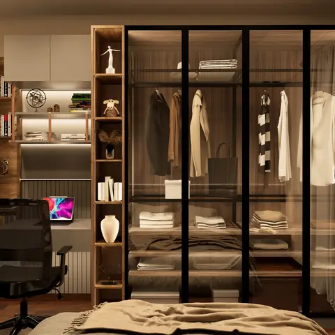 Render of a bedroom corner where a black-framed glass wardrobe with LED-lit shelves stands beside a wall-hung study desk and open walnut book ledges