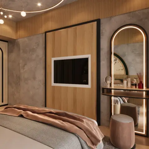 Render of a bedroom corner where a black-framed oak TV panel sits against mottled microcement walls