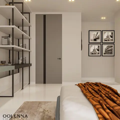 Render of a bedroom corner where a rust-and-brown striped throw spills over the foot of the bed