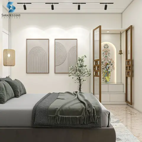 Render of a bedroom corner where a grey-draped bed sits under two arch-motif textured art panels with a rattan pendant at the bedside