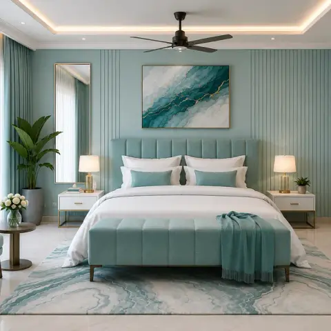 Render of a bedroom done almost entirely in soft teal: a channel-tufted headboard against a fluted sage panel, a teal-and-white marbled canvas above it