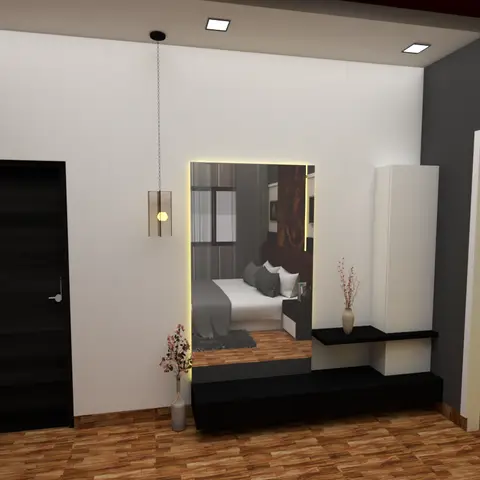 Render of a bedroom dresser nook with a full-height backlit mirror reflecting the bed beyond, a black floating console, a white wardrobe