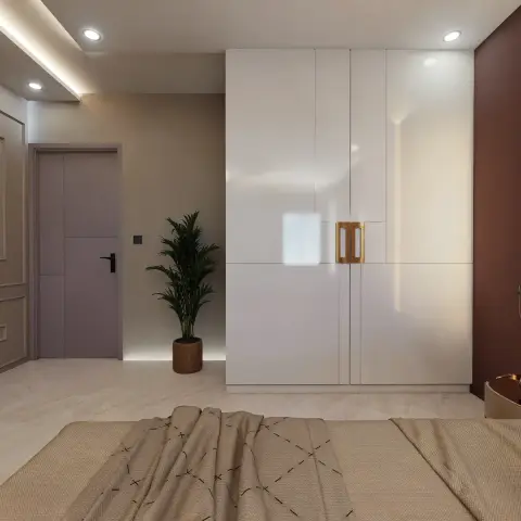 Render of a bedroom looking across the throw-covered foot of the bed to a floor-to-ceiling white gloss wardrobe with brass grip handles