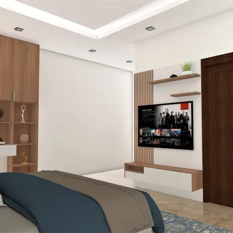 Render of a bedroom looking past the foot of a teal-and-taupe made bed to a wall-hung TV console with two staggered floating shelves against a slim teak fluted