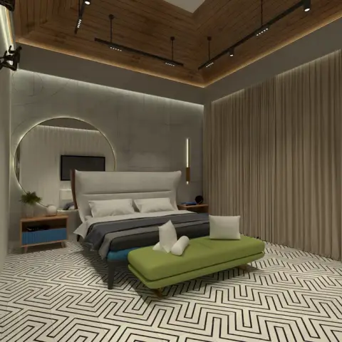 Render of a bedroom over a black-and-white zigzag tiled floor: wing-back upholstered bed against a lightly grooved grey feature wall with a backlit round