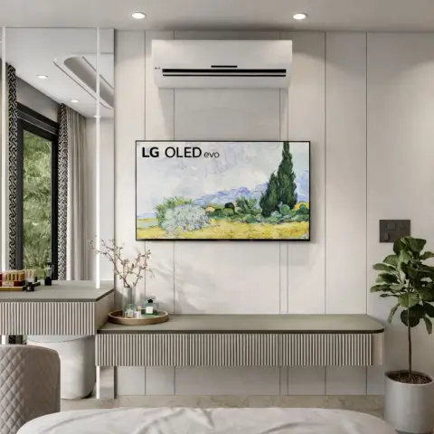 Render of a bedroom's dressing-and-TV wall: a full-width fluted floating console steps up into a dressing table with a quilted stool
