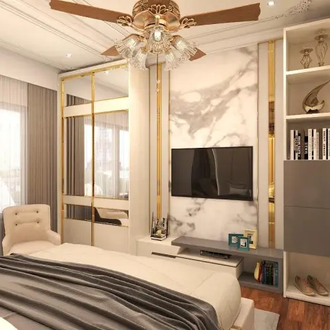 Render of a bedroom seen across the foot of the bed, facing a white marble TV panel framed in brass inlay strips