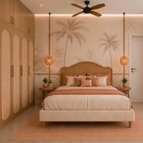 Render of a bedroom set against a sepia palm-grove mural, with a cane arch headboard, terracotta bedding