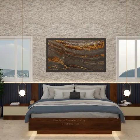 Render of a bedroom split horizontally - navy fluted panelling with attached veneer nightstands below