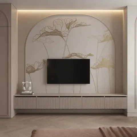 Render of a bedroom TV wall where a gold lotus line mural fills an arched niche lit from a top cove