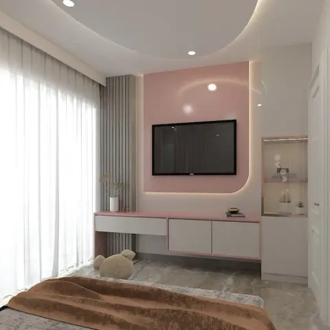 Render of a bedroom TV wall in blush pink with a backlit curved reveal around the screen