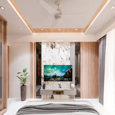 Render of a bedroom TV wall with book-matched marble cladding, fluted wood side panels, and a wood-lined cove-lit false ceiling.