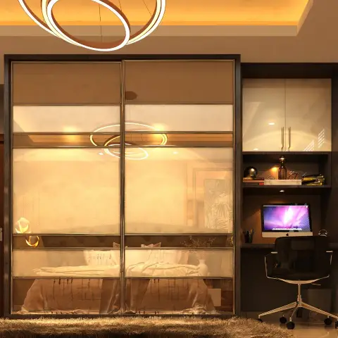 Render of a bedroom wall: full-height sliding wardrobe in bronze-tinted mirror and frosted glass set in a slim metal grid, reflecting the bed behind