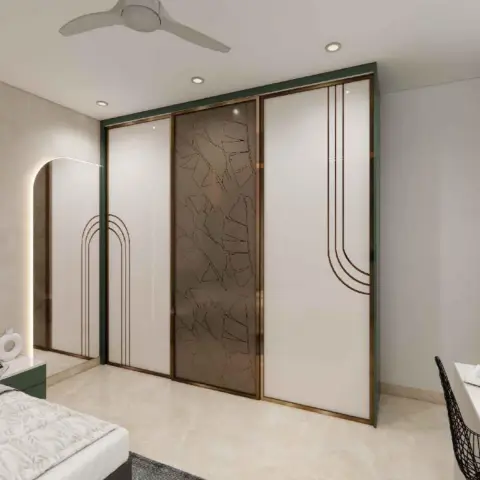 Render of a bedroom wardrobe wall - three sliding shutters in ivory with brass arch inlay lines and a bronze mirror centre panel etched with banana leaves