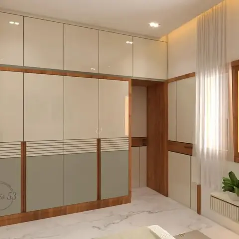 Render of a bedroom wardrobe wall with a cream and sage two-tone wardrobe with wood trim, sheer curtains and a window seat styled with a potted plant