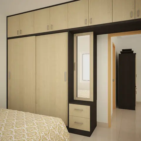 Render of a bedroom wardrobe wall: full-height beige-oak sliding shutters with a loft line above inside a wenge trim frame