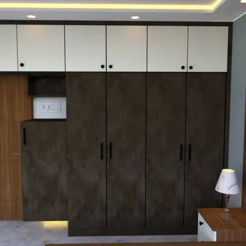 Render of a bedroom wardrobe wall — four shutters in dark concrete-look laminate under ivory lofts, a walnut dresser column with an open switchboard niche