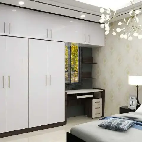 Render of a bedroom where a full-height high-gloss white wardrobe run with a separate loft row wraps to a wenge study desk under the window