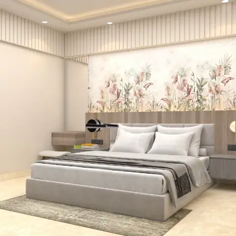 Render of a bedroom where a pastel botanical mural runs the full headboard wall above a wood-veneer band, with a grey upholstered bed