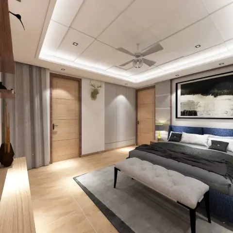 Render of a bedroom where a navy upholstered bed sits under a large black-and-white abstract