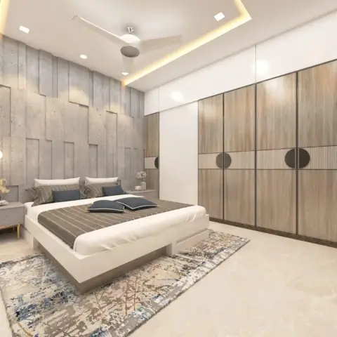 Render of a bedroom where a staggered concrete-effect panelled headboard wall meets a full-height wardrobe run detailed with fluted strips and dark discs