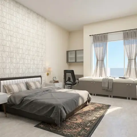 Render of a bedroom where a single strip of geometric circle-motif wallpaper runs floor to ceiling behind a white channel-tufted headboard