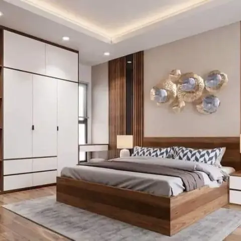 Render of a bedroom where a white-and-walnut wardrobe ends in a stack of curved open corner shelves
