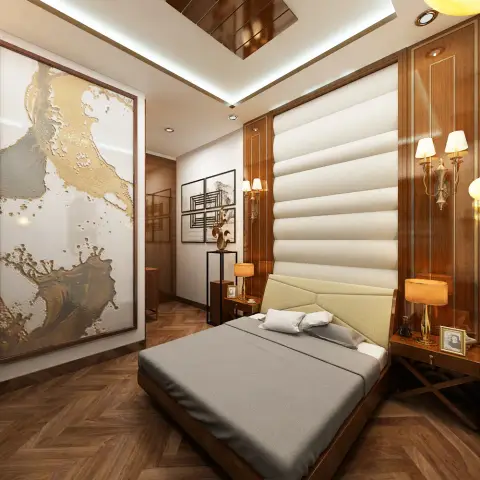 Render of a bedroom where a horizontally channelled cream headboard wall is framed by high-gloss walnut panels with brass inlay and candelabra sconces
