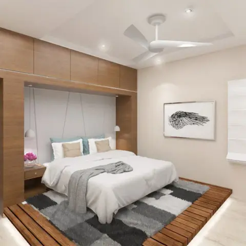 Render of a bedroom where a teak-veneer wardrobe run with overhead lofts turns to form the headboard alcove