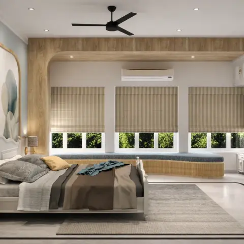 Render of a bedroom where a white classical-profile bed sits under an arched blue-and-cream mural, with an oak-veneer arch band wrapping onto the ceiling