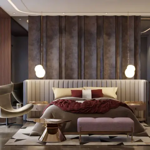 Render of a bedroom where a channel-tufted curved headboard stands against tall bronze leather-look wall bays flanked by fluted wood battens