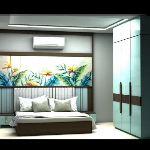 Render of a bedroom where a tropical bird-of-paradise mural runs above a grey fluted headboard, facing a four-door mint-glass wardrobe