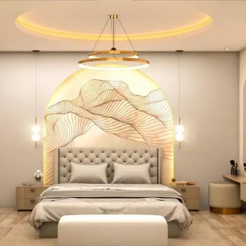 Render of a bedroom where a backlit arch carries a copper line-art leaf mural behind a beige buttoned headboard