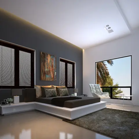 Render of a bedroom where a charcoal wall carries two windows in dark venetian blinds around a rust-and-teal abstract canvas