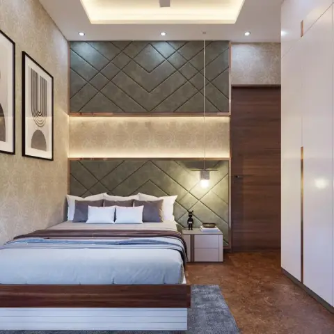 Render of a bedroom where a diamond-stitched olive upholstered headboard wall is split by a backlit horizontal reveal