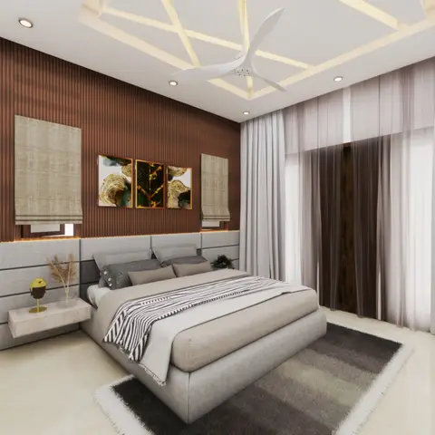 Render of a bedroom where a rust-toned fluted panel wall carries a gold-framed triptych between two jute roman blinds