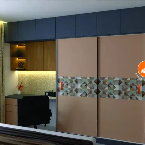 Render of a bedroom where a two-shutter sliding wardrobe in blush laminate with a printed geometric mid-band sits under navy lofts