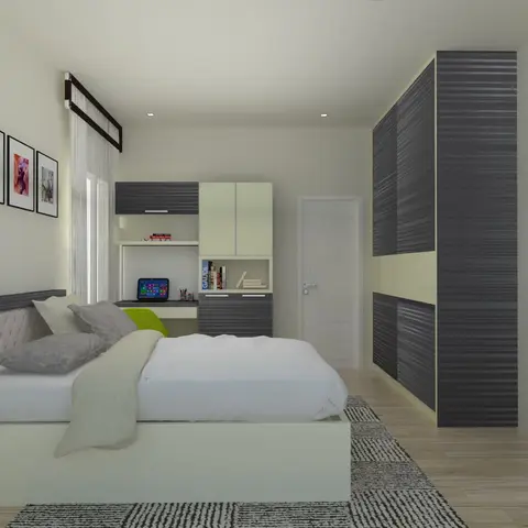 Render of a bedroom where a cream platform bed with a tufted headboard framed in grey striated laminate faces a matching wardrobe run