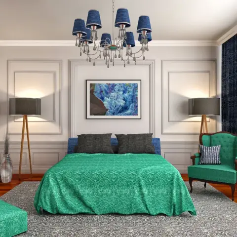 Render of a bedroom where an emerald damask bedspread and matching buttoned wing chair sit against off-white moulded wall panels