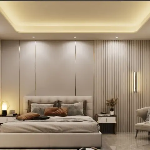 Render of a bedroom where an upholstered low bed with a rust cushion sits against a full-height beige panel with brass reveal joints