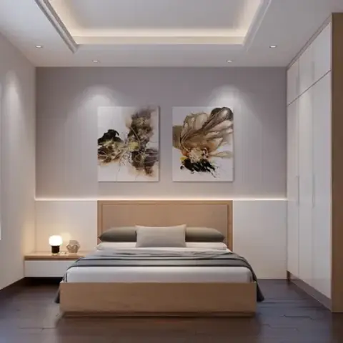 Render of a bedroom where an oak platform bed with a lit headboard band sits under two abstract ink-and-gold canvases