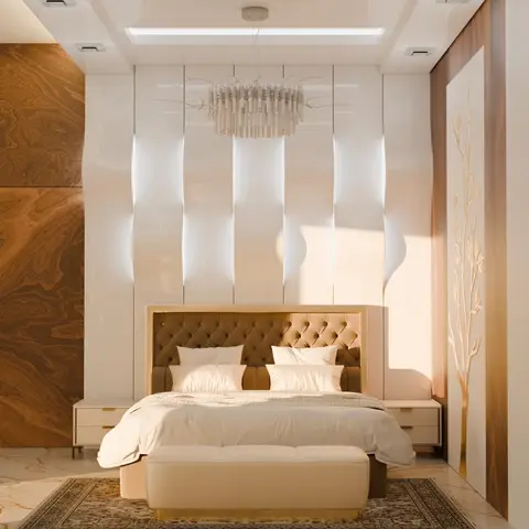 Render of a bedroom where backlit wavy gloss-white 3D panels rise behind a champagne tufted headboard