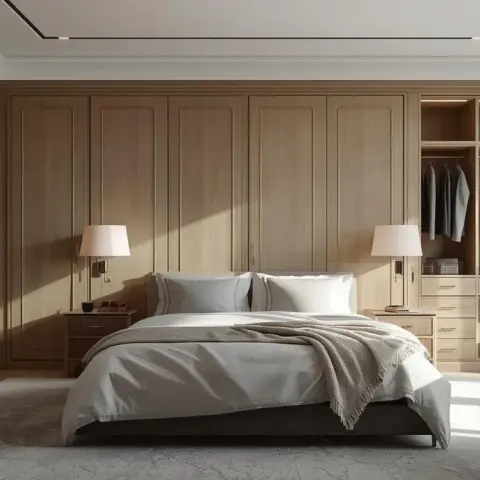Render of a bedroom where the bed sits against a full-height oak-panelled wall with open LED-lit wardrobe runs on both flanks and brass swing-arm lamps